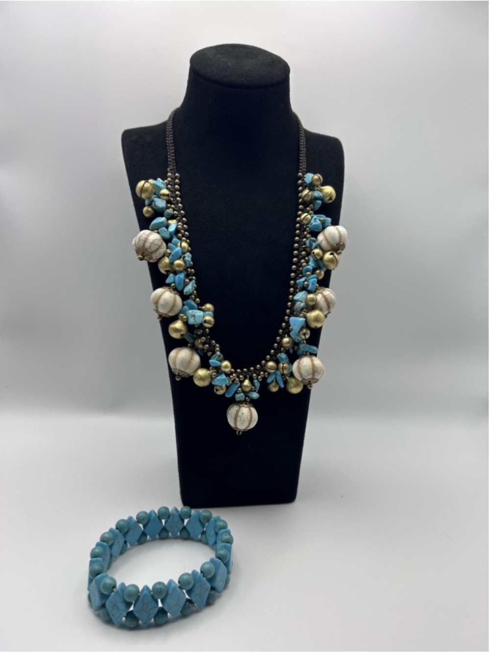 Womens Turquoise Beaded Necklace Bracelet Set Boho Brass Tone Statement Jewelry